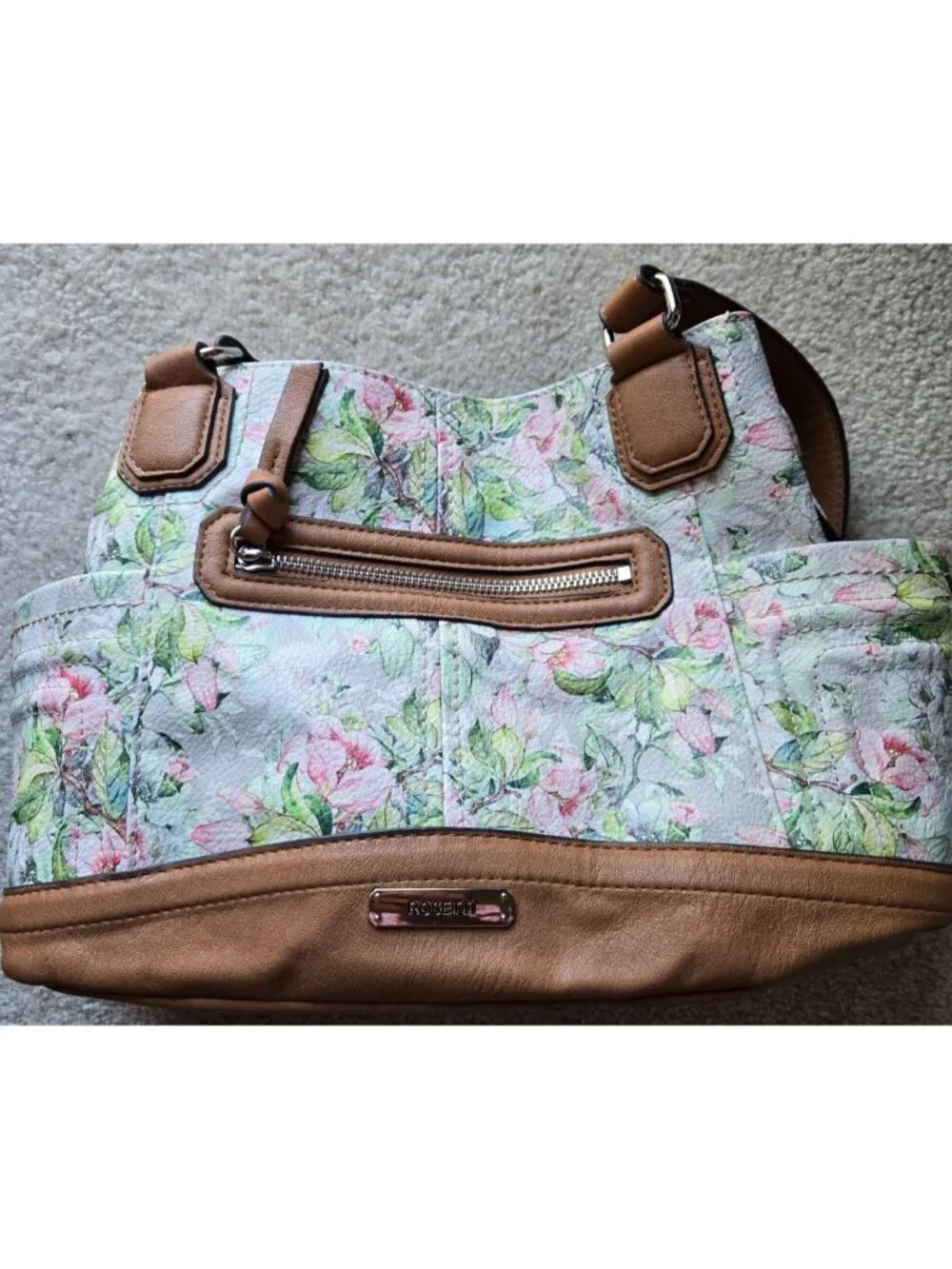 Rosetti Pink Floral Handbag Purse Bag 3 sections Pockets Inside, Sides and Front
